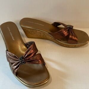 Athena Alexander~Bronze Leather Straps~Cork Wedge Slide~Rhinestone Touch~Size 10